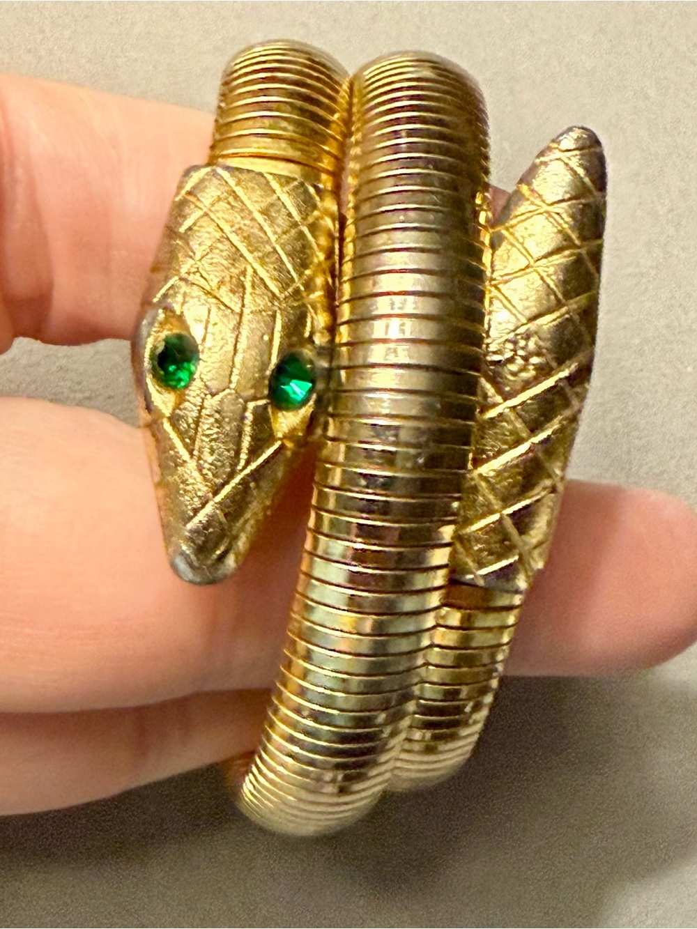 Coil Snake Green Rhinestone Eyes Goldtone Wrap Bracelet Egyptian Revival Vintage